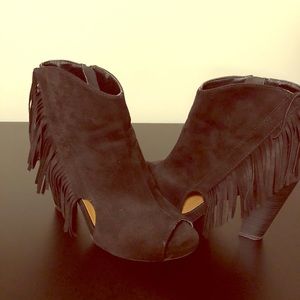 Suede Fringe Booties - Black